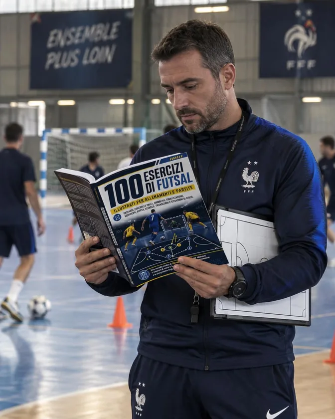 Allenatore di futsal che consulta la guida dei 100 esercizi in palestra
