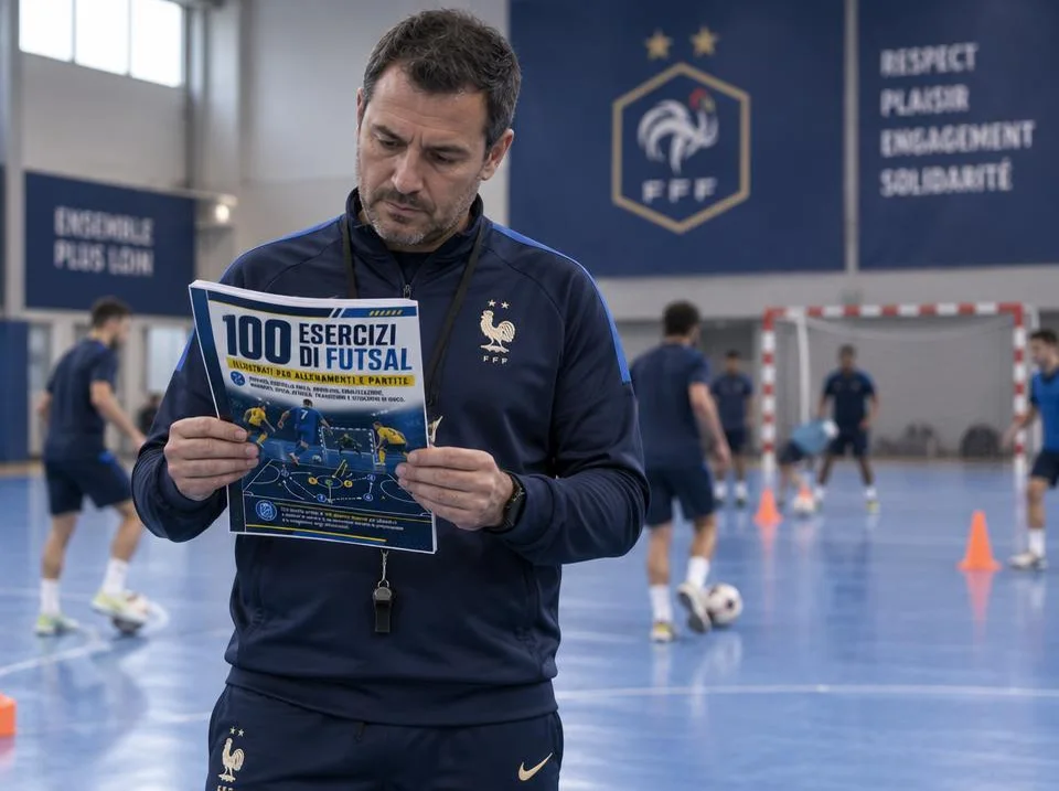 L’allenatore consulta la guida stampata in campo durante l’allenamento